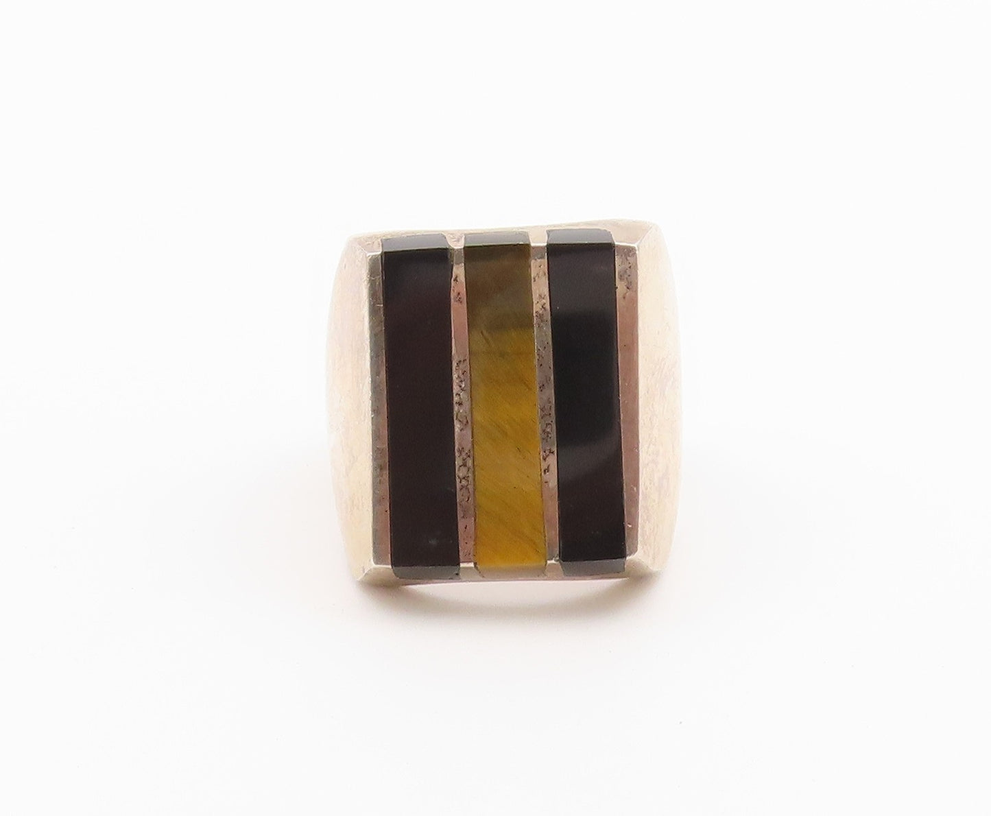 925 Sterling Silver Vintage Ring MEXICO Tiger's Eye & Onyx Inlay Sz 9.5 RG36518