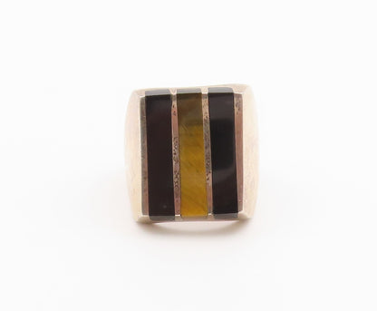 925 Sterling Silver Vintage Ring MEXICO Tiger's Eye & Onyx Inlay Sz 9.5 RG36518