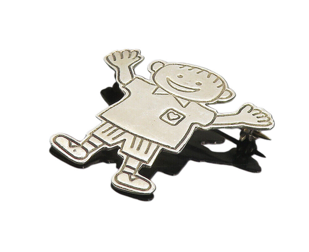 MEXICO 925 Sterling Silver  Vintage Etched Heart Happy Boy Brooch Pin  BP3044