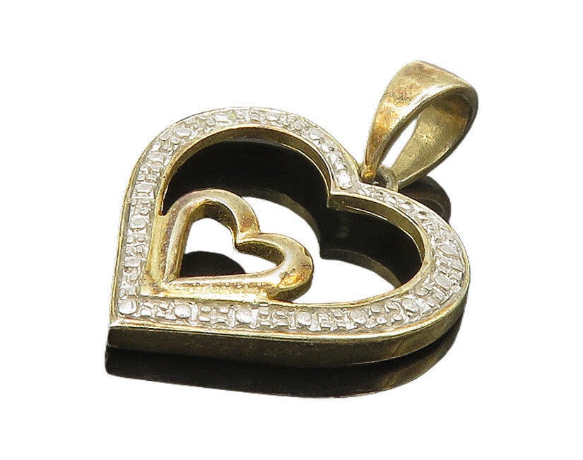 925 Sterling Silver  Vintage Genuine Diamond Open Love Heart Pendant  PT14356