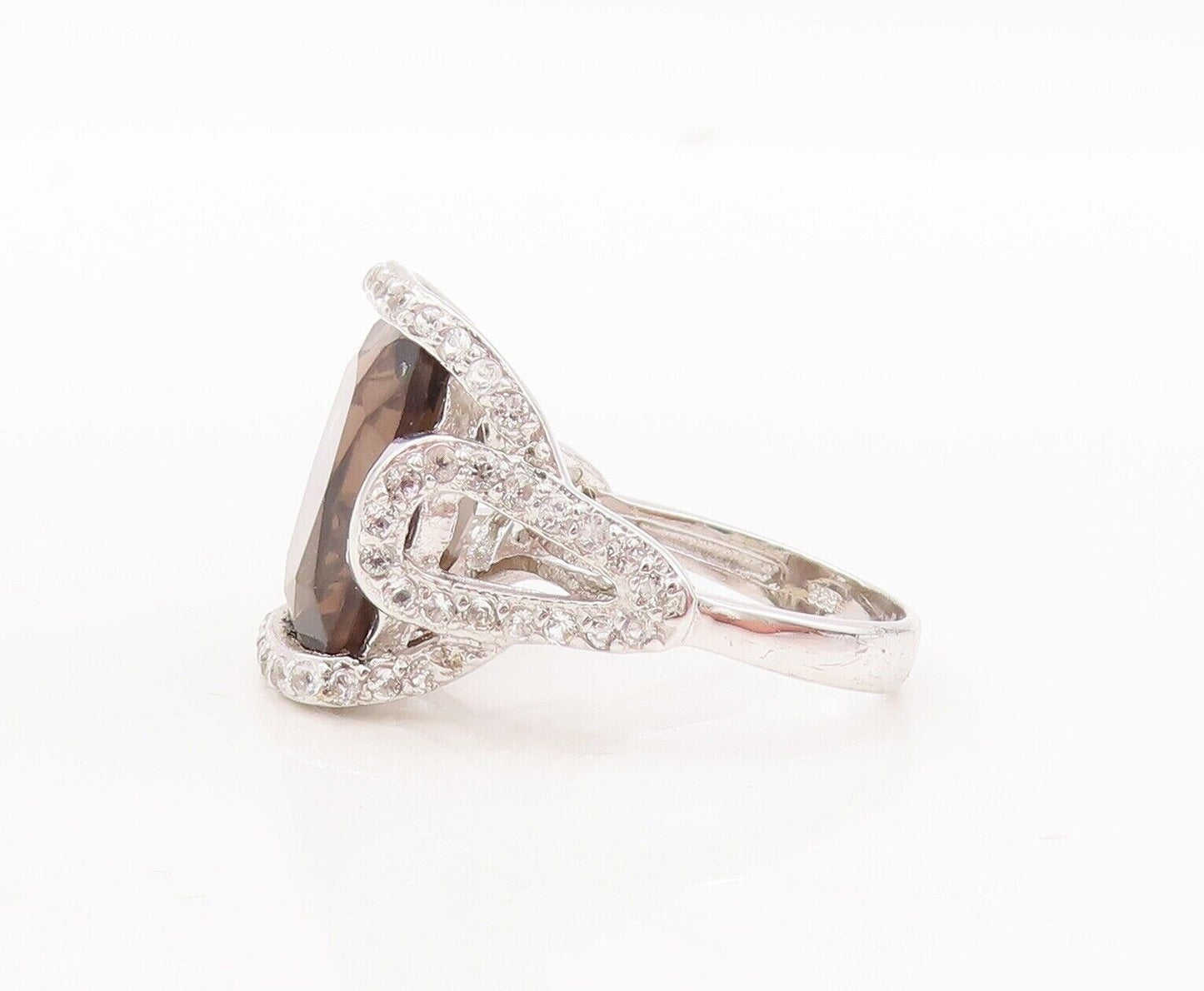 925 Sterling Silver Vintage Ring Smoky Quartz Cutout Topaz Inlay Sz 7.5  RG29754