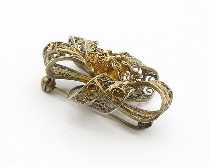 925 Sterling Silver  Vintage Swirl Filigree Flower Ribbon Brooch Pin  BP5485