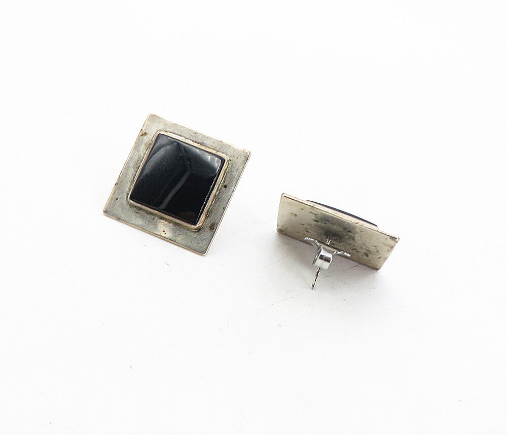 MEXICO 925 Sterling Silver  Vintage Black Onyx Square Drop Earrings  EG4304