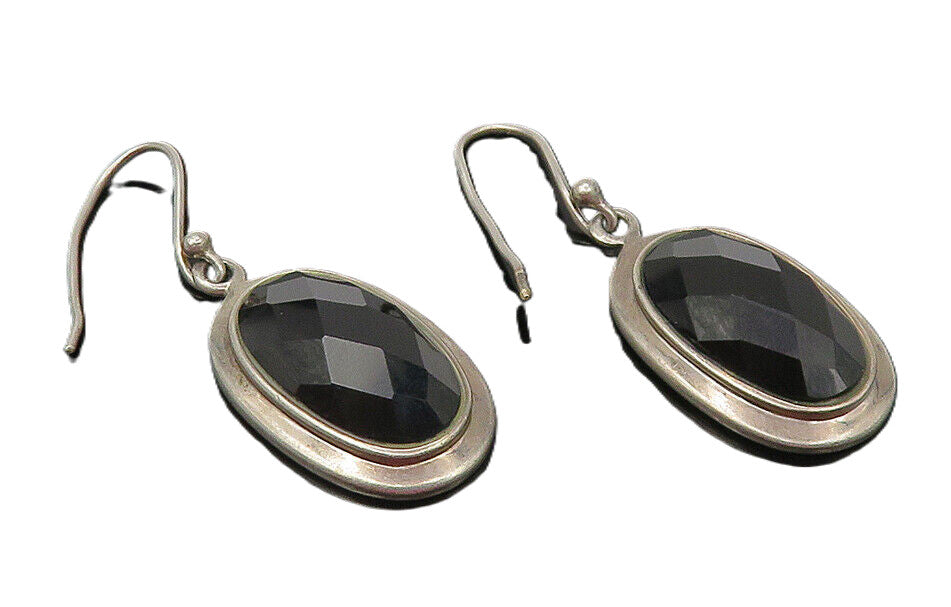 925 Sterling Silver  Vintage Faceted Black Hematite Dangle Earrings  EG6296