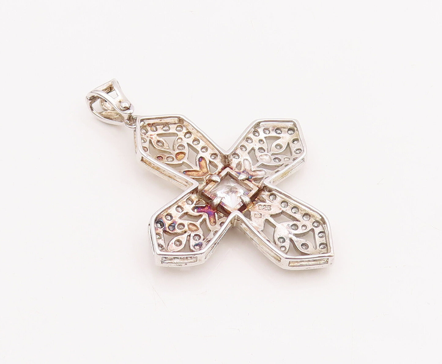 925 Sterling Silver Vintage Pendant CZ Beaded Floral Carved Cross "X"  PT22853