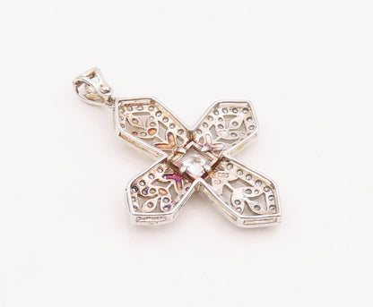 925 Sterling Silver Vintage Pendant CZ Beaded Floral Carved Cross "X"  PT22853