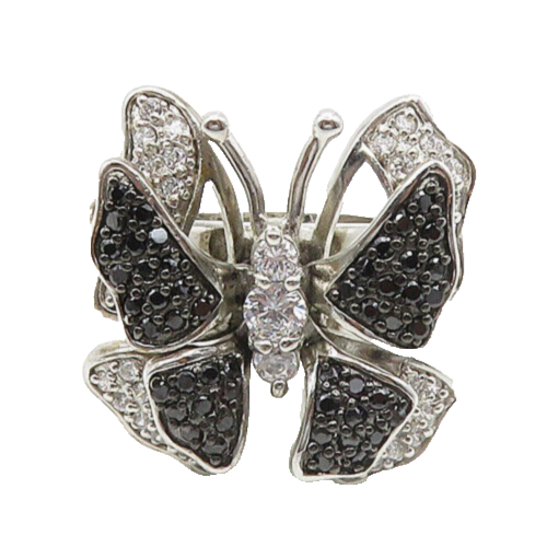925 Silver  Cubic Zirconia & Hematite Butterfly Cocktail Ring Sz 8  RG19457