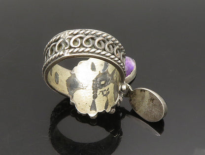925 Silver  Vintage Rope Twist Onyx & Amethyst Dangle Ring Sz 5  RG24427