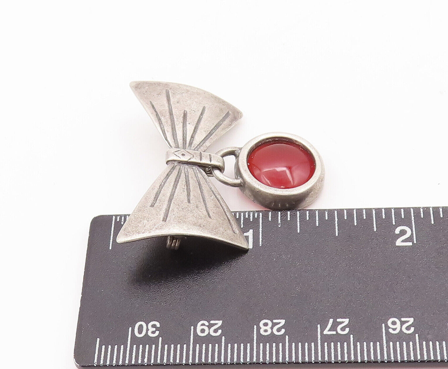 925 Sterling Silver Vintage Brooch Pin Carved Bow Dangling Carnelian  BP10865