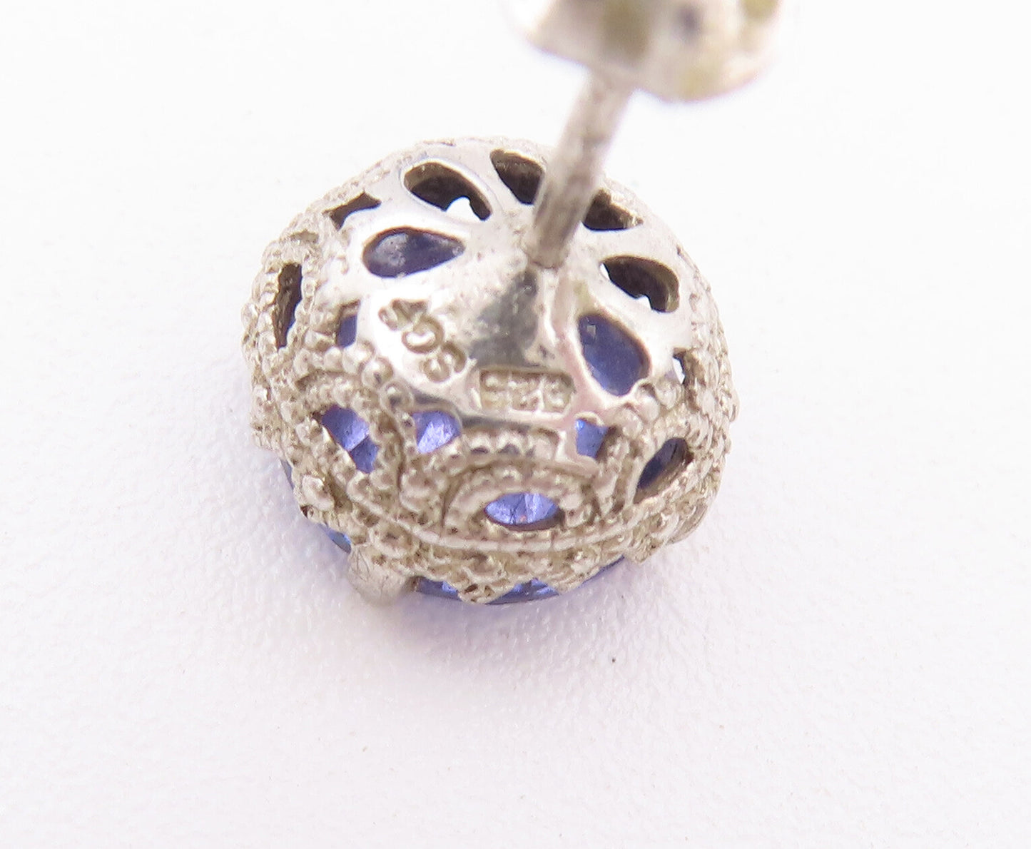925 Sterling Silver Vintage Earrings Round Cut Purple CZ Carved Studs  EG12901