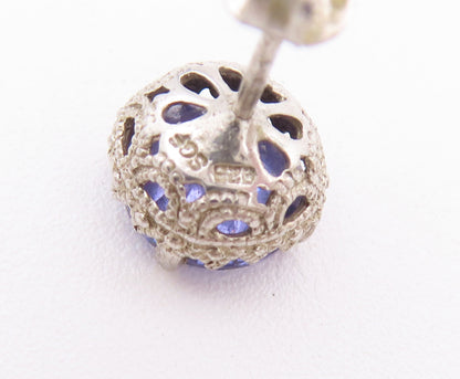 925 Sterling Silver Vintage Earrings Round Cut Purple CZ Carved Studs  EG12901