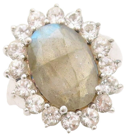925 Sterling Silver Vintage Ring Oval Cut Gemstone Halo Topaz  Sz 7  RG29850