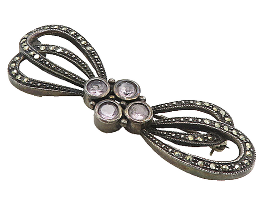 925 Sterling Silver  Vintage Amethyst & Marcasite Ribbon Bow Brooch Pin BP3438