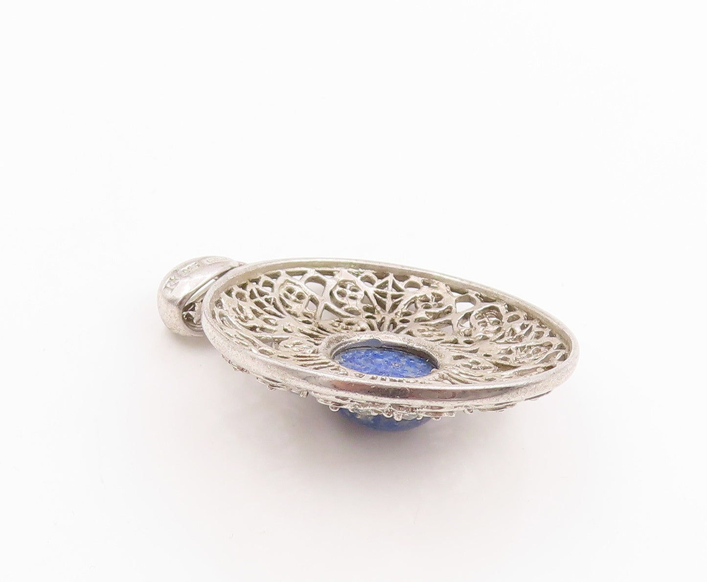 925 Sterling Silver Vintage Pendant Lapis Lazuli Intricate Openwork  PT26110
