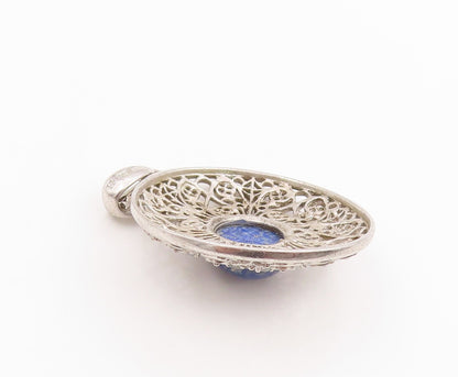 925 Sterling Silver Vintage Pendant Lapis Lazuli Intricate Openwork  PT26110