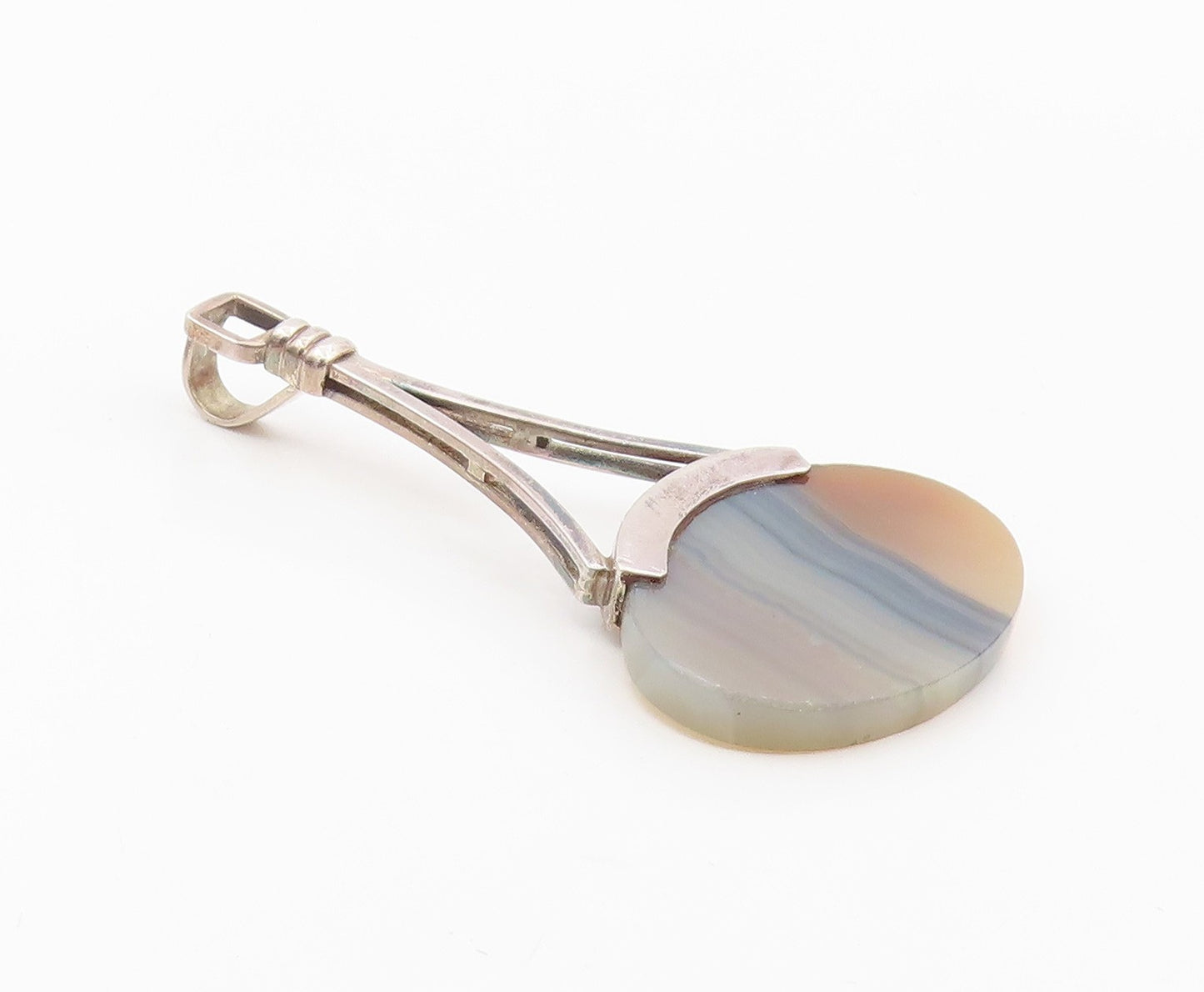 925 Sterling Silver  Vintage Open Triangle Oval Agate Pendant  PT21014