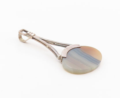 925 Sterling Silver  Vintage Open Triangle Oval Agate Pendant  PT21014
