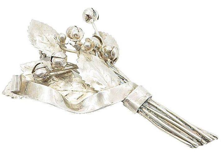 925 Sterling Silver  Vintage Shiny Blooming Flower Bouquet Brooch Pin  BP3073