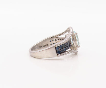 925 Sterling Silver Vintage Ring Cutout Blue & White Topaz Sapphire Sz 7 RG30842