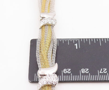 925 Sterling Silver Vintage Bracelet Elegant CZ Two Tone Mesh Chain  BT11980