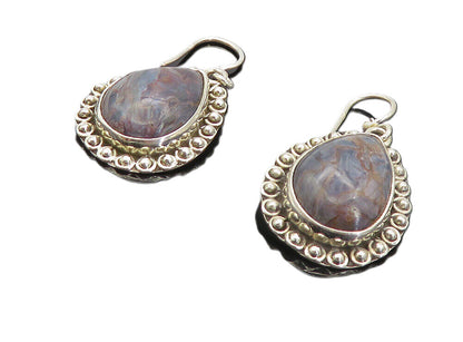 925 Sterling Silver  Vintage Cabochon Cut Jasper Tear Drop Earrings  EG3766