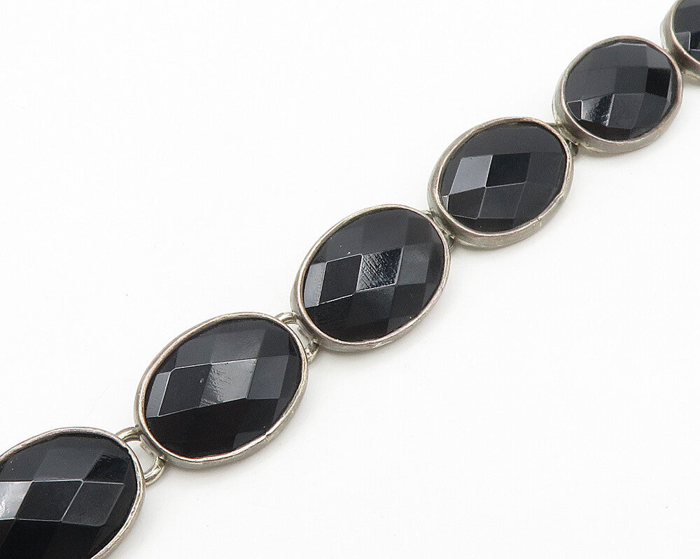 JRI MEXICO 925 Silver   Vintage Faceted Black Hematite Chain Bracelet  BT7202