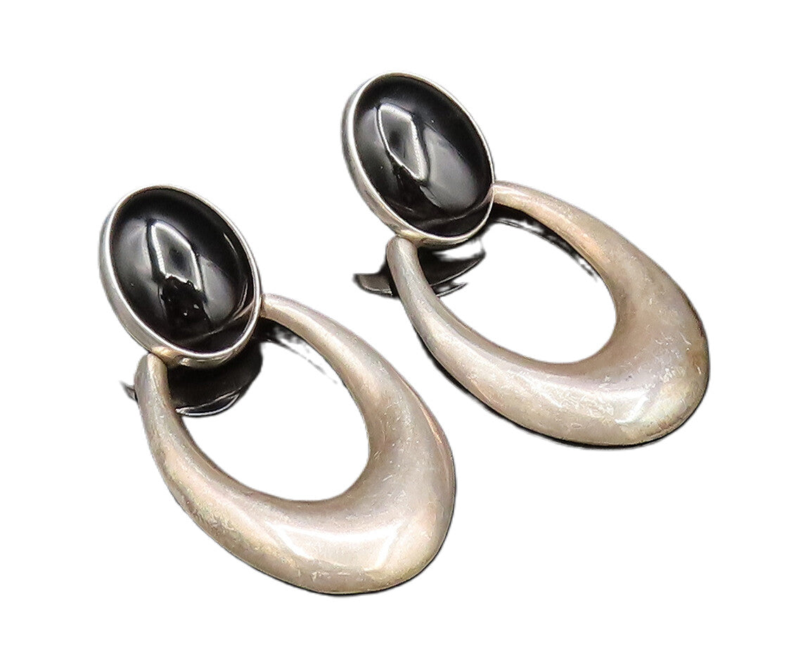 925 Sterling Silver Vintage Cabochon Black Onyx Open U Dangle Earrings EG12130