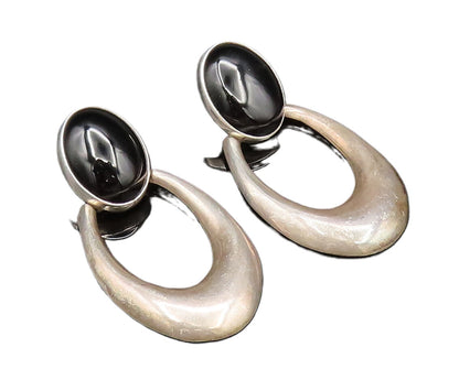 925 Sterling Silver Vintage Cabochon Black Onyx Open U Dangle Earrings EG12130