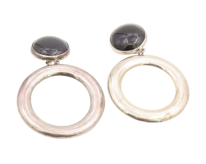 925 Sterling Silver Vintage Earrings Cabochon Onyx Large Circle Clip On  EG14078