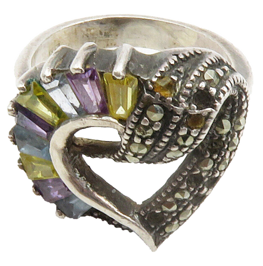 925 Sterling Silver  Vintage Topaz Amethyst & Marcasite Band Ring Sz 6 RG15169