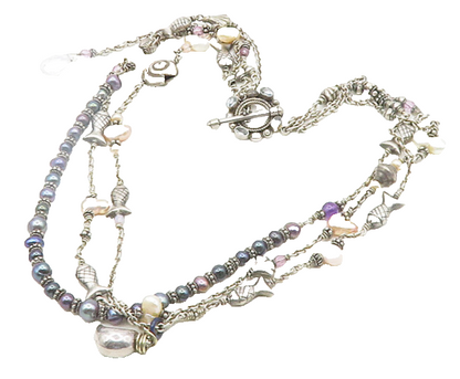 DESIGNER 925 Sterling Silver Vintage Pearls Amethyst Fish Chain Necklace NE3197