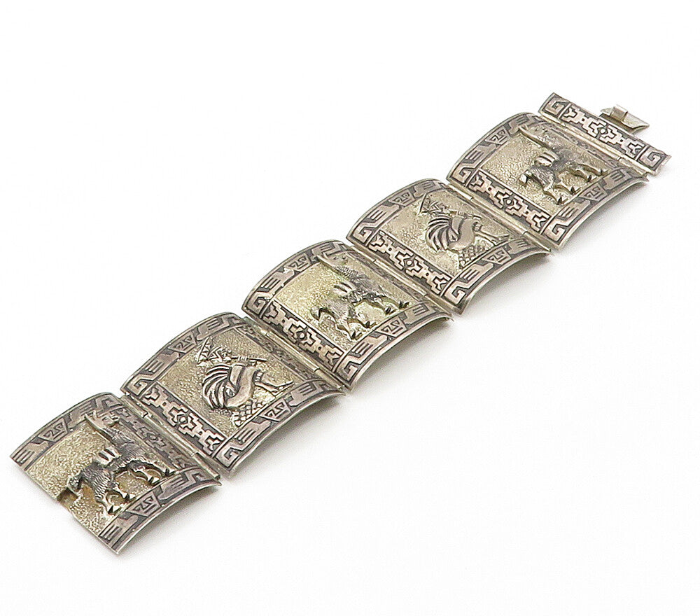 PERU 925 Sterling Silver  Vintage Alpaca & Man Panel Chain Bracelet  BT6427