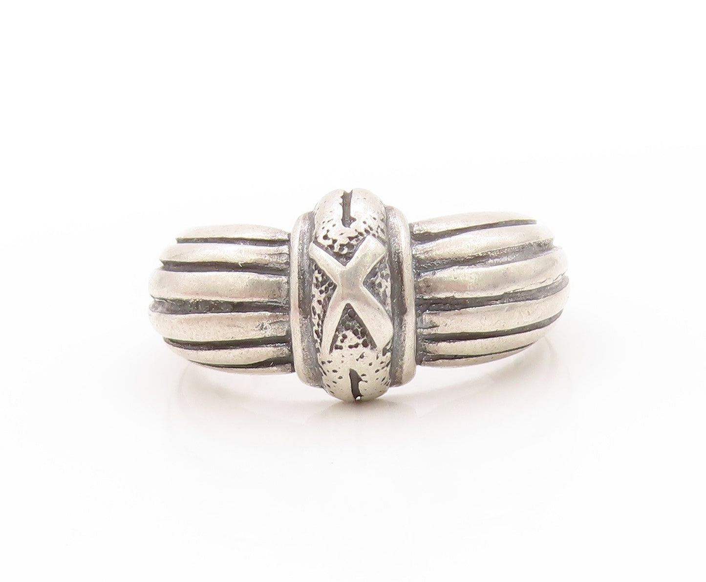 925 Sterling Silver Vintage Ring Dark Tone Grooved X Design  Sz 9  RG32963