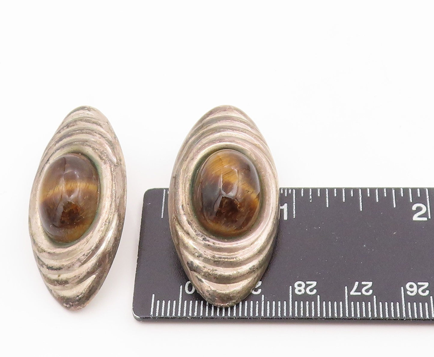 925 Sterling Silver Vintage Earrings MEXICO Oval Cabochon Tiger's Eye  EG14359