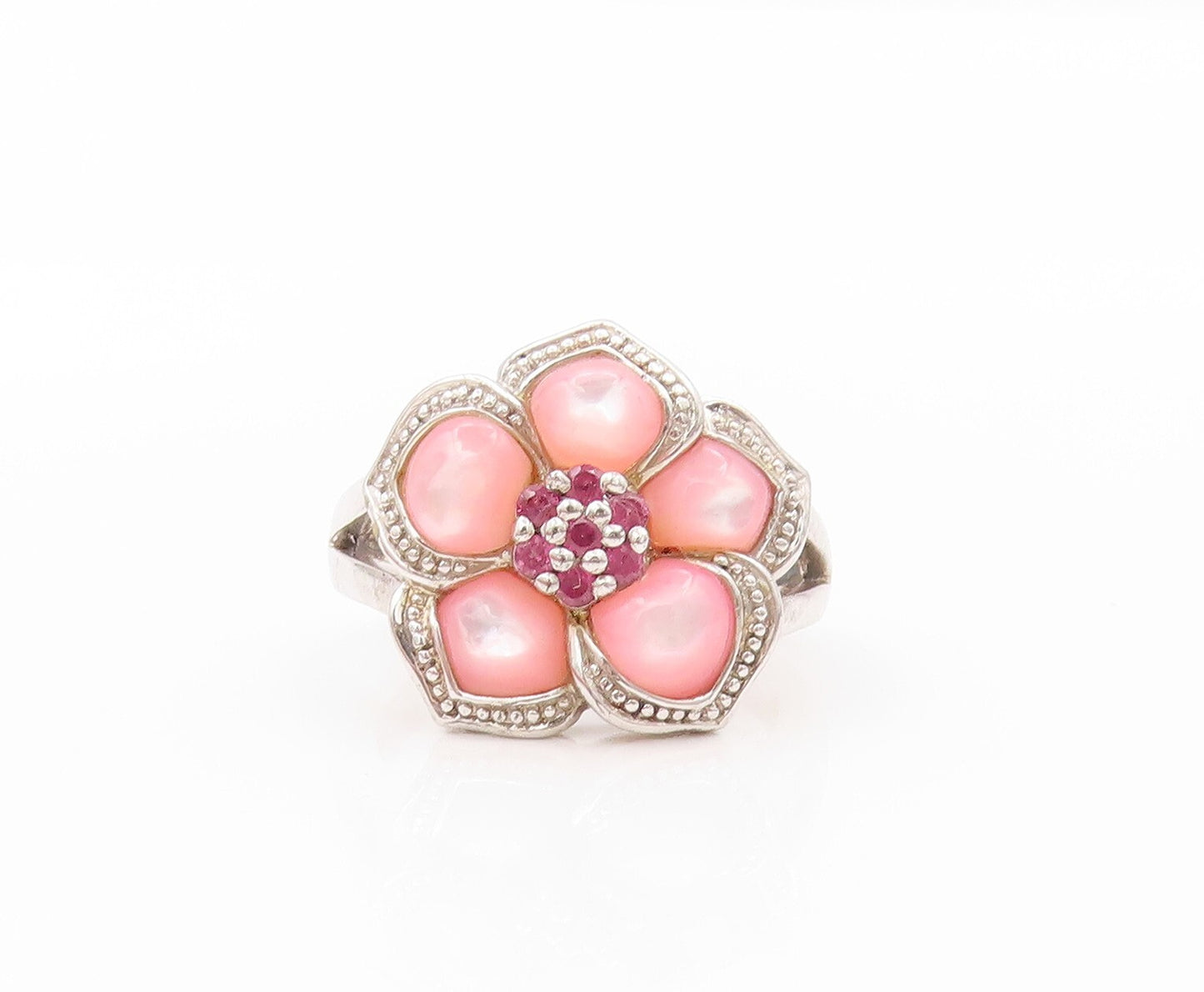 925 Sterling Silver Vintage Ring Designer Pink Cat Eye & CZ Flower SZ 8  RG31991
