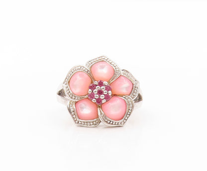 925 Sterling Silver Vintage Ring Designer Pink Cat Eye & CZ Flower SZ 8  RG31991