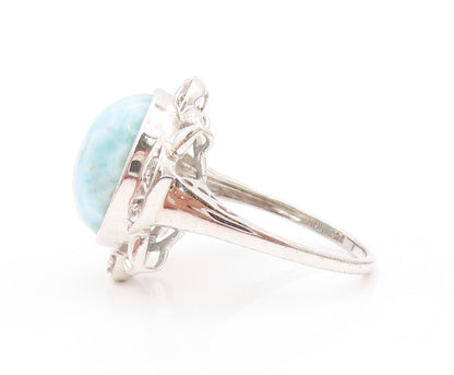 925 Sterling Silver Vintage Ring Larimar & Topaz Floral Design  SZ 8.5 RG32084