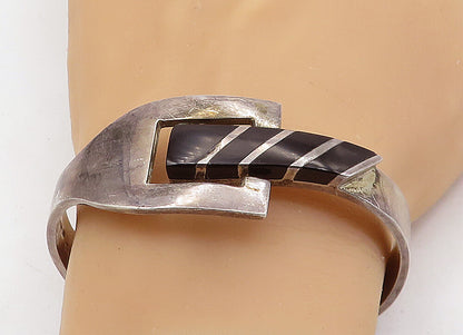 MEXICO 925 Silver  Vintage Inlaid Black Onyx Buckle Bangle Bracelet  BT2022