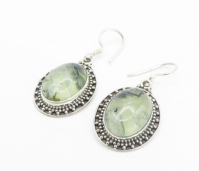 925 Sterling Silver Vintage Cabochon Rutilated Quartz Dangle Earrings EG3197