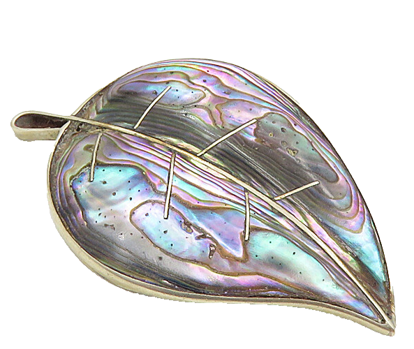 TMT MEXICO 925 Sterling Silver  Vintage Abalone Shell Leaf Brooch Pin  BP3403