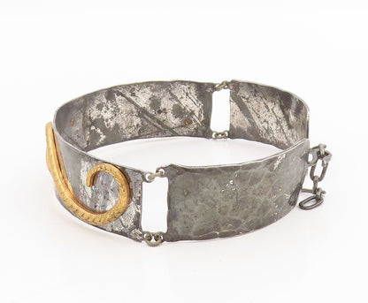 925 Sterling Silver Vintage Bracelet Two Tone Carved Serpentine Cuff  BT11576