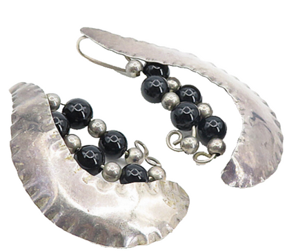 925 Sterling Silver  Vintage Modernist Black Onyx Bead Drop Earrings  EG4445