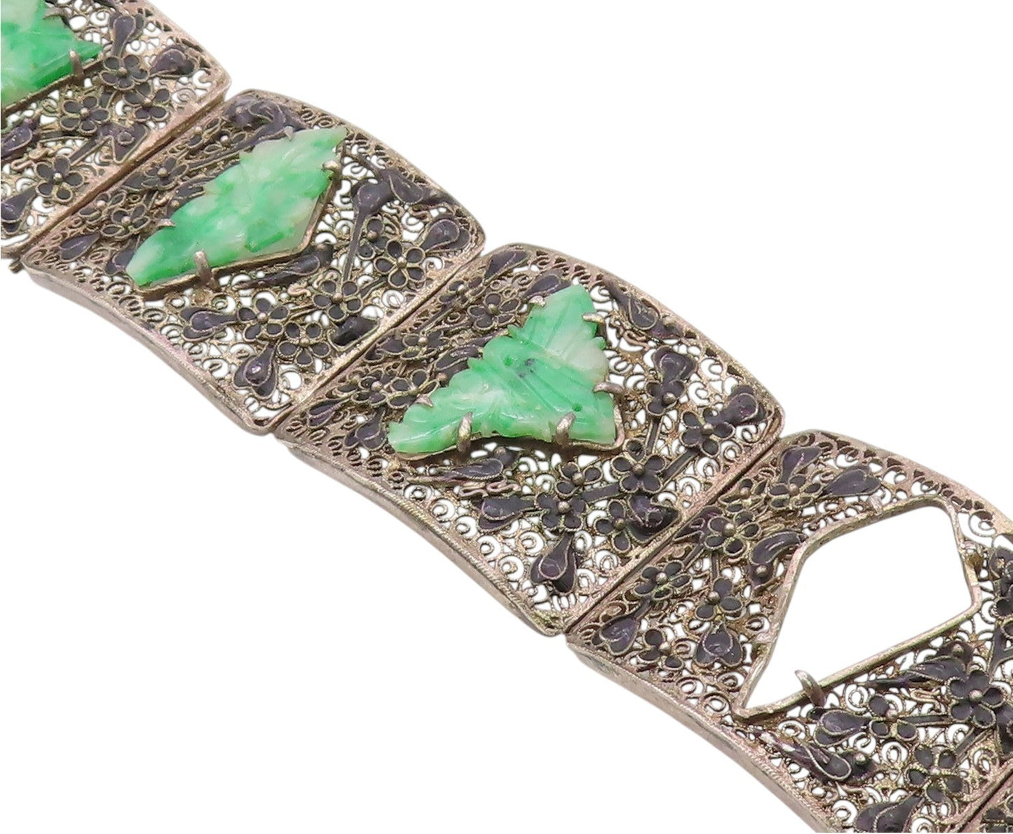 925 Sterling Silver Vintage Bracelet CHINESE EXPORT Jade Flora Filigree  BT12134