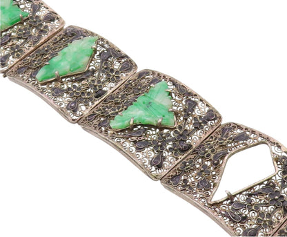 925 Sterling Silver Vintage Bracelet CHINESE EXPORT Jade Flora Filigree  BT12134