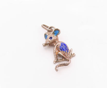 925 Sterling Silver  Vintage Minimalist Carved Enamel Mouse Pendant  PT21800