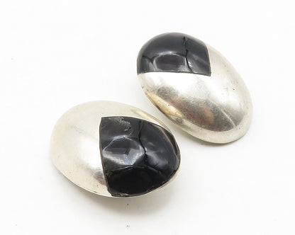 MEXICO 925 Silver   Vintage Inlaid Black Onyx Dome Non Pierce Earrings  EG5737