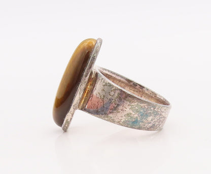925 Sterling Silver Vintage Ring Large Cabochon Oval Tiger's Eye  Sz 9 RG28884