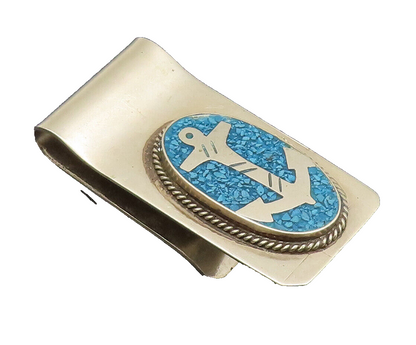 MEXICO 925 Silver  Vintage Crush Turquoise Carved Anchor Money Clip  TR3663