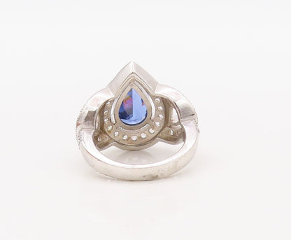925 Sterling Silver Vintage Ring Drop Cut Sapphire Halo CZ Inlay  Sz 7  RG30657