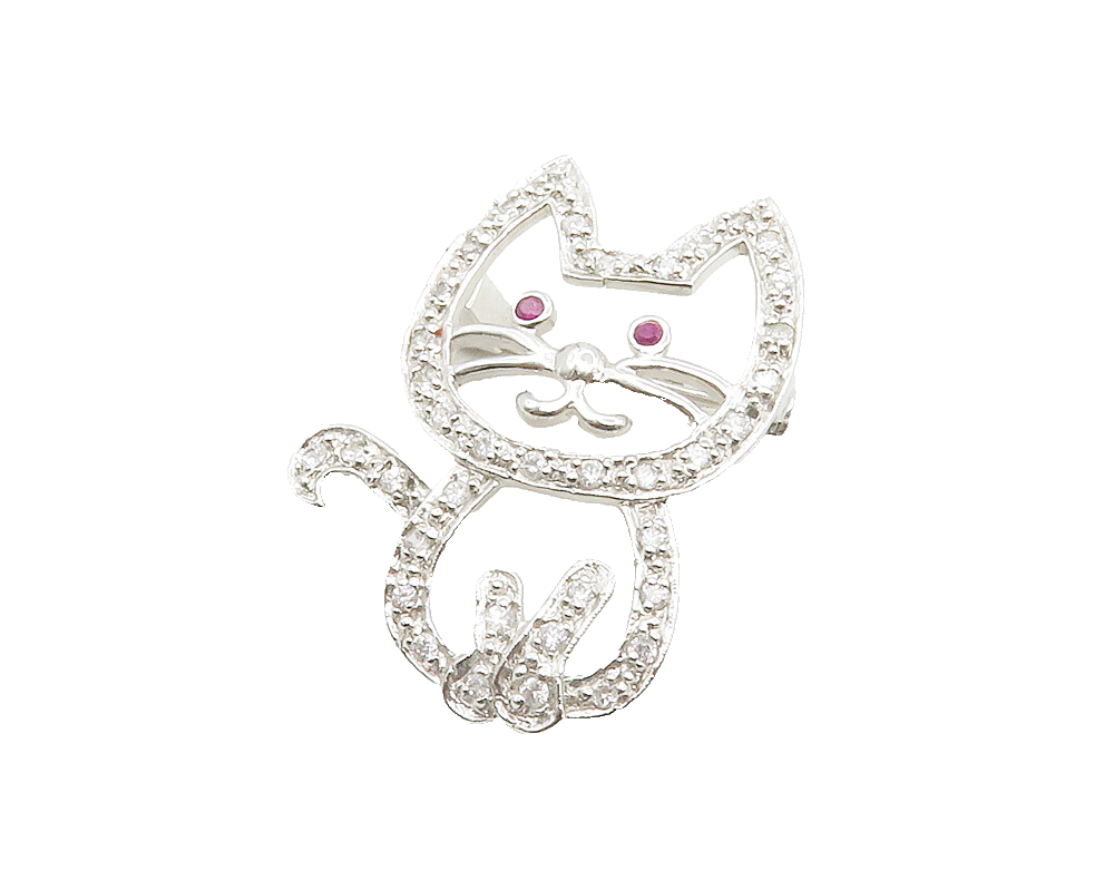 925 Sterling Silver  Shiny Pink & White Topaz Sitting Cat Brooch Pin  BP4901